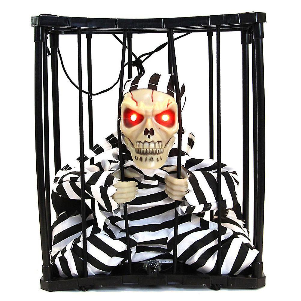 Halloween Skeleton Cage Prison Animated Halloween Skeleton Cage Prisoner with Light Up Eyes - Haunted House Props & Party Decorations