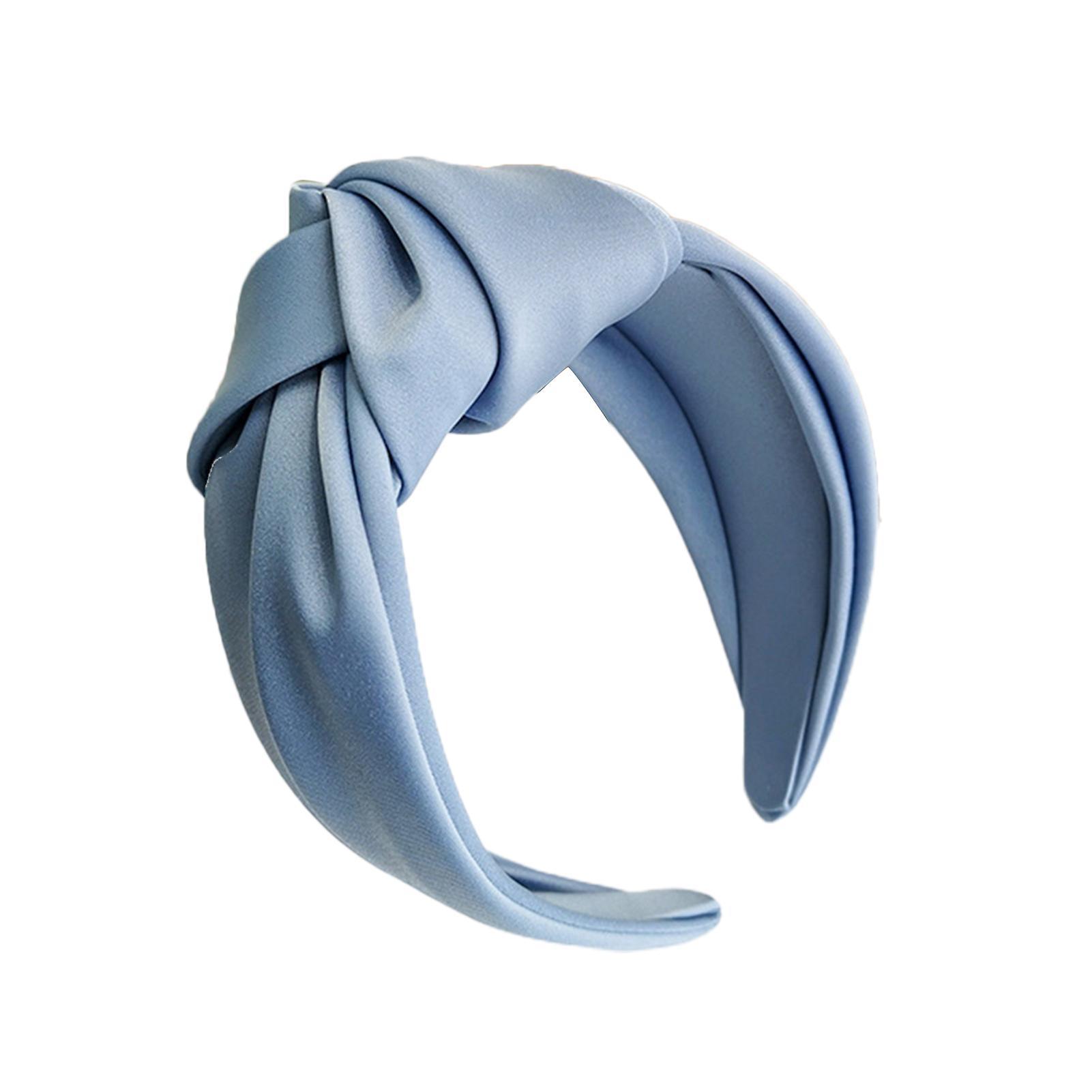 Tuelaly Women Headband Solid Color Knotted Sweet Wide Edge Fabric Wrap Hair Hoop Headwear Light Blue