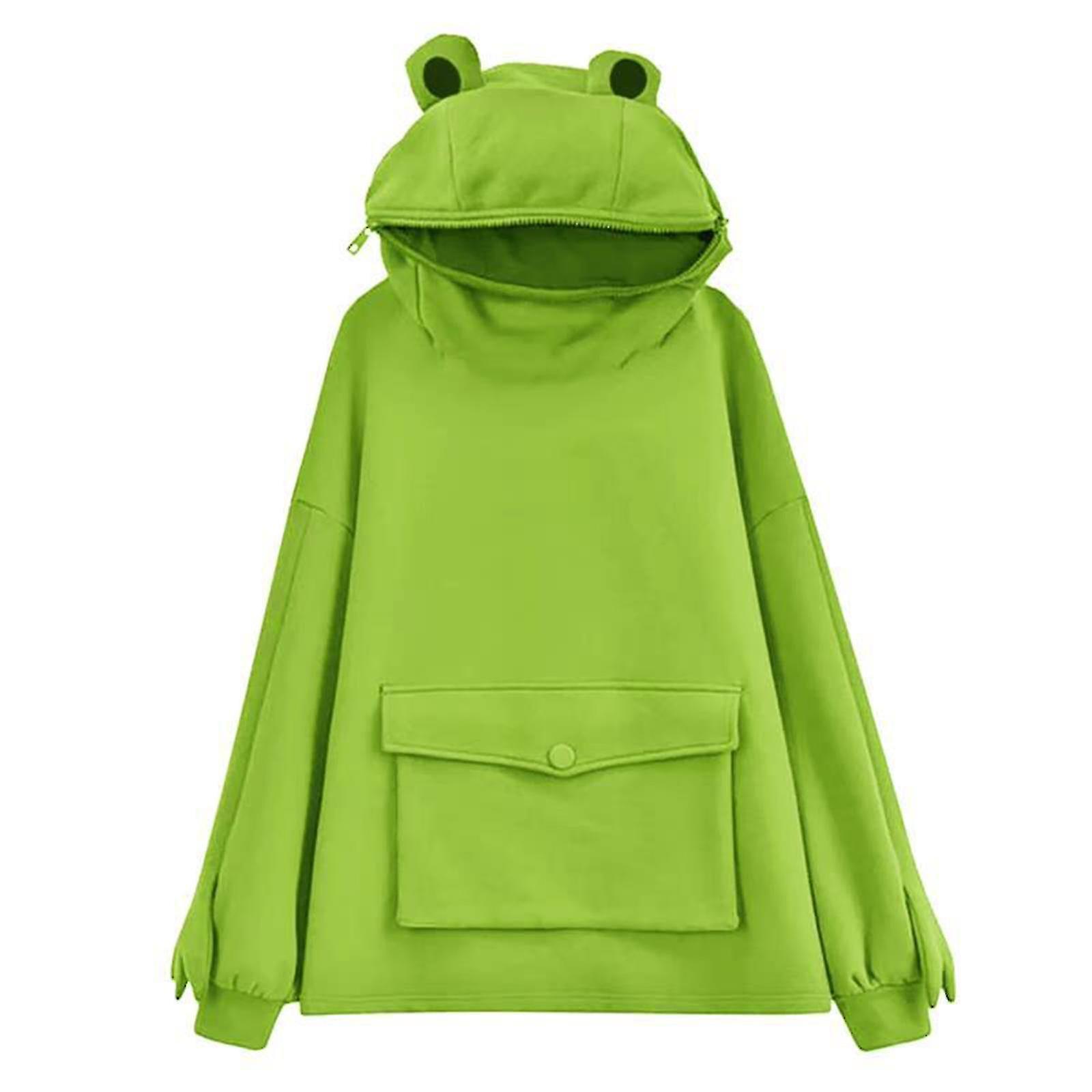 Shun Fleece Hoodies Frog Hoodie Winter Warm Thick Loose Oversized Sweatshirt Outwear Hooded Light Green M