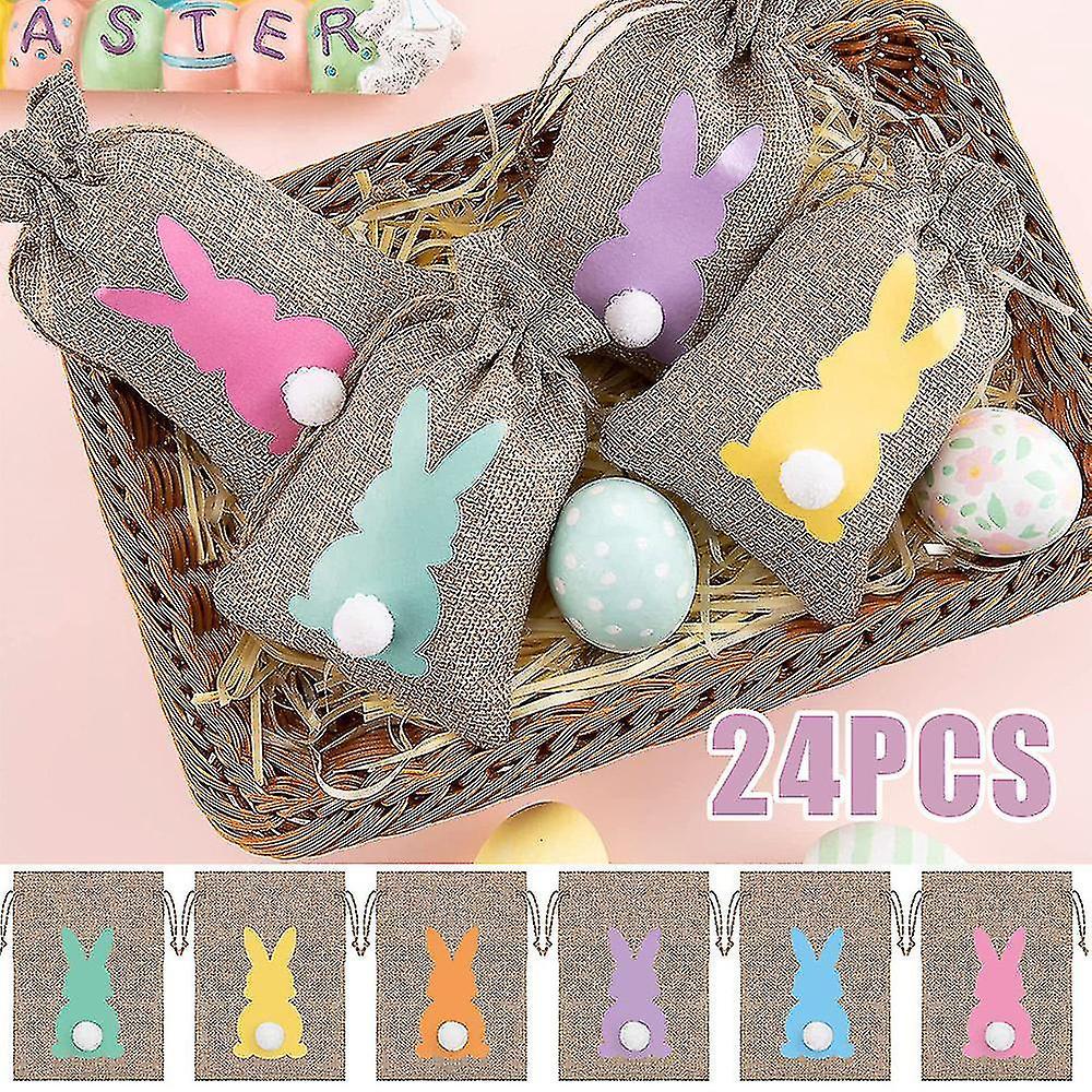 Tianzun 24 Pcs Easter Bunny Drawstring Linen Pouch Bags Easter Egg Hunts Candy Treat Gift Rabbit Storage Bags Kids Easter Party Favor