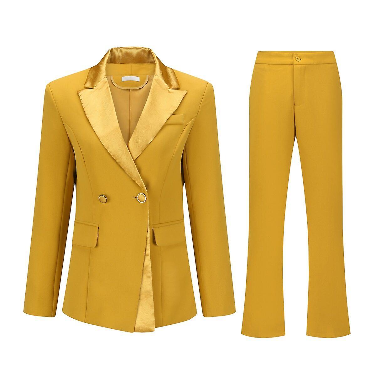 Yynuda Womens 2-piece Formal Suit Velvet Peak Lapel Blazer And Pants Yellow XL