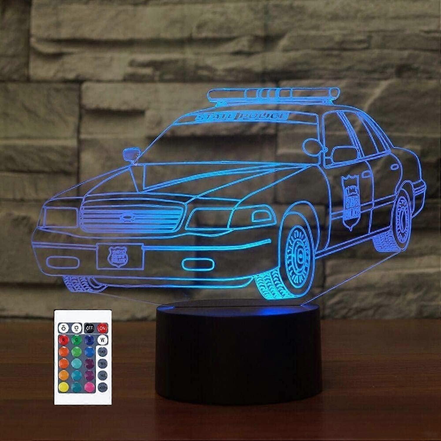 Xcy 3D Police Car Night Lights Remote Control 16 Color Illusion Acrylic LED Table Bedside Lamp Children Bedroom Desk Decor Birthday Christmas Gift Toy