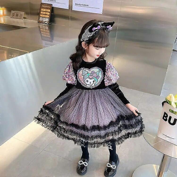 Hcankcan Kawaii Sanrio Kuromi Girls Dress Anime Cartoon Kids Lolita Princess Dress Fresh and Sweet Spring Autumn Children's Clothing 90 height80-90cm