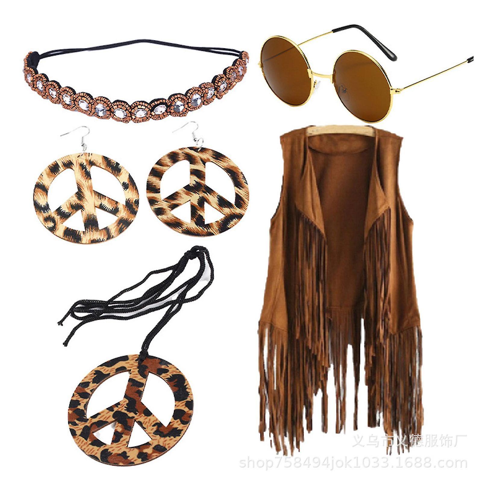 Unbrand 70s Hippie Costume For Women Peace Sign Earring Necklace Headband Fringe Vest Tassel - JXLGV A1