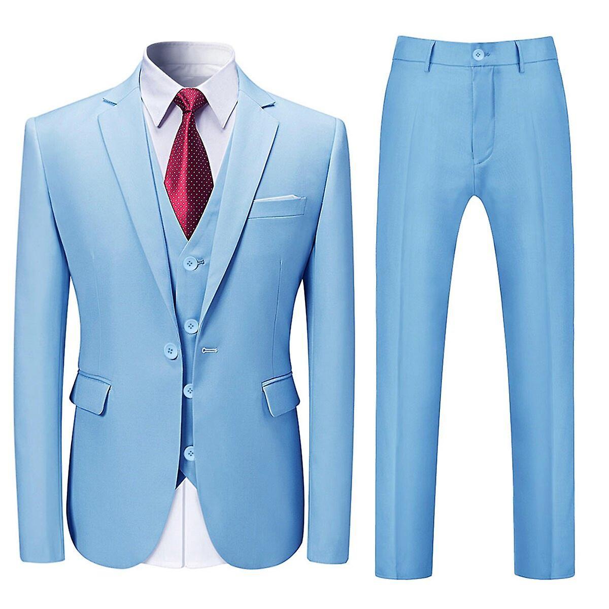 Allthemen Mens Suit 3-Piece Classic Solid Bussiness Formal Slim Suits Water Blue M