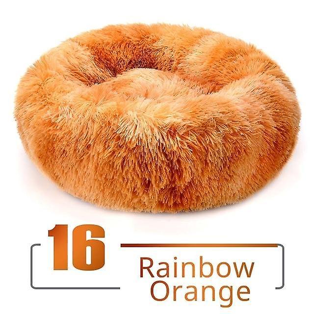 Slowmoose Round Plush Cat Bed House Cat Mat Winter Warm Sleeping Cats Nest, Soft Long M-60cm / Rainbow Orange