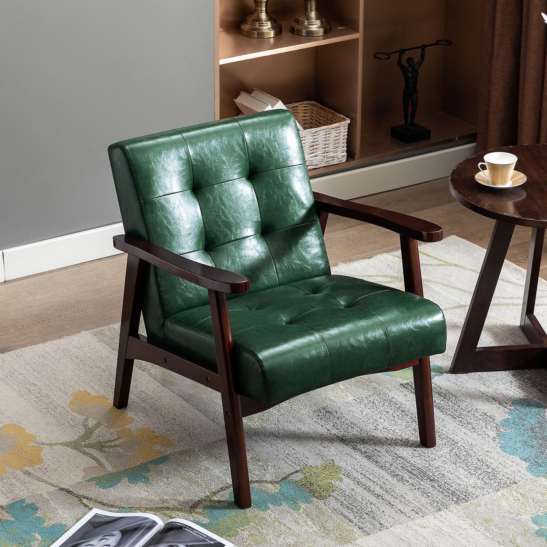 HomeMiYN Leather Armchair with Wood Frame,Mid-century Wooden Armchair Retro Tufted Accent Chair Dark green