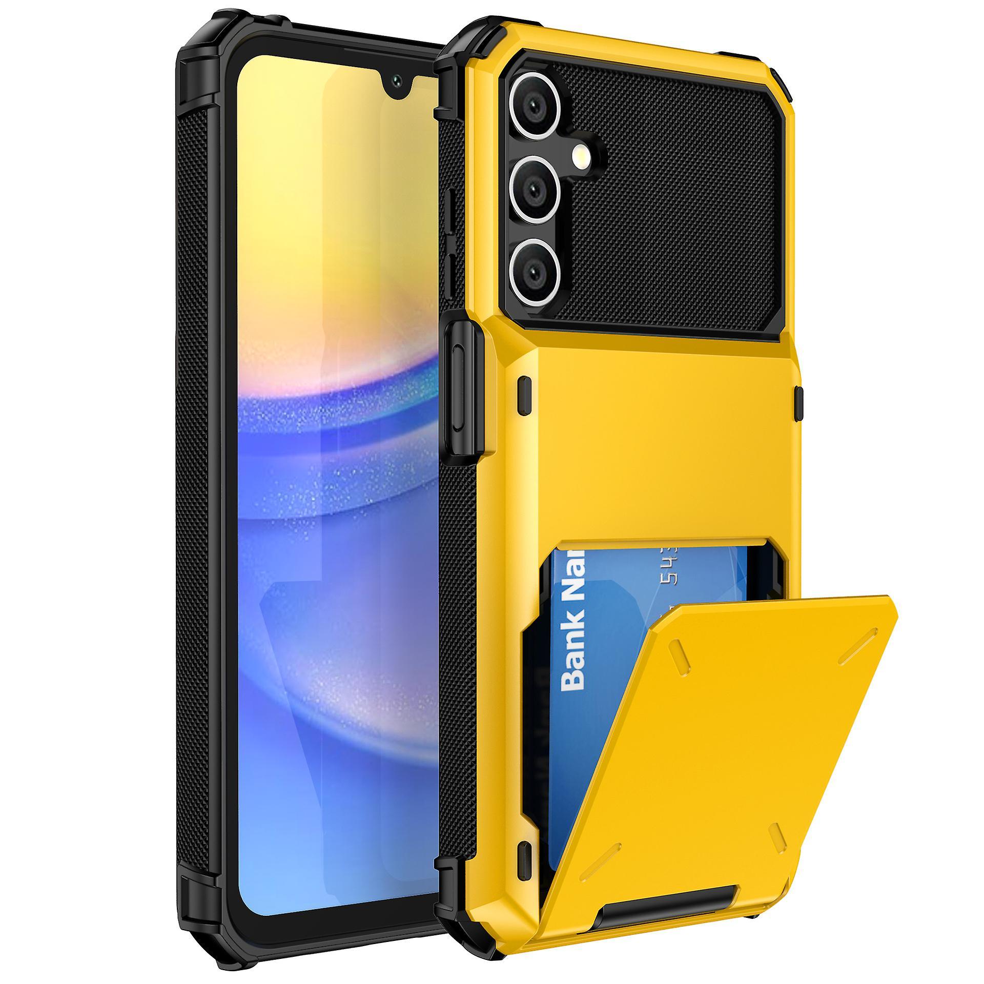 Lelinker Dual Layer Heavy Duty Shockproof Phone Case for Samsung Galaxy A15 with Hidden Card Holder Slot Yellow