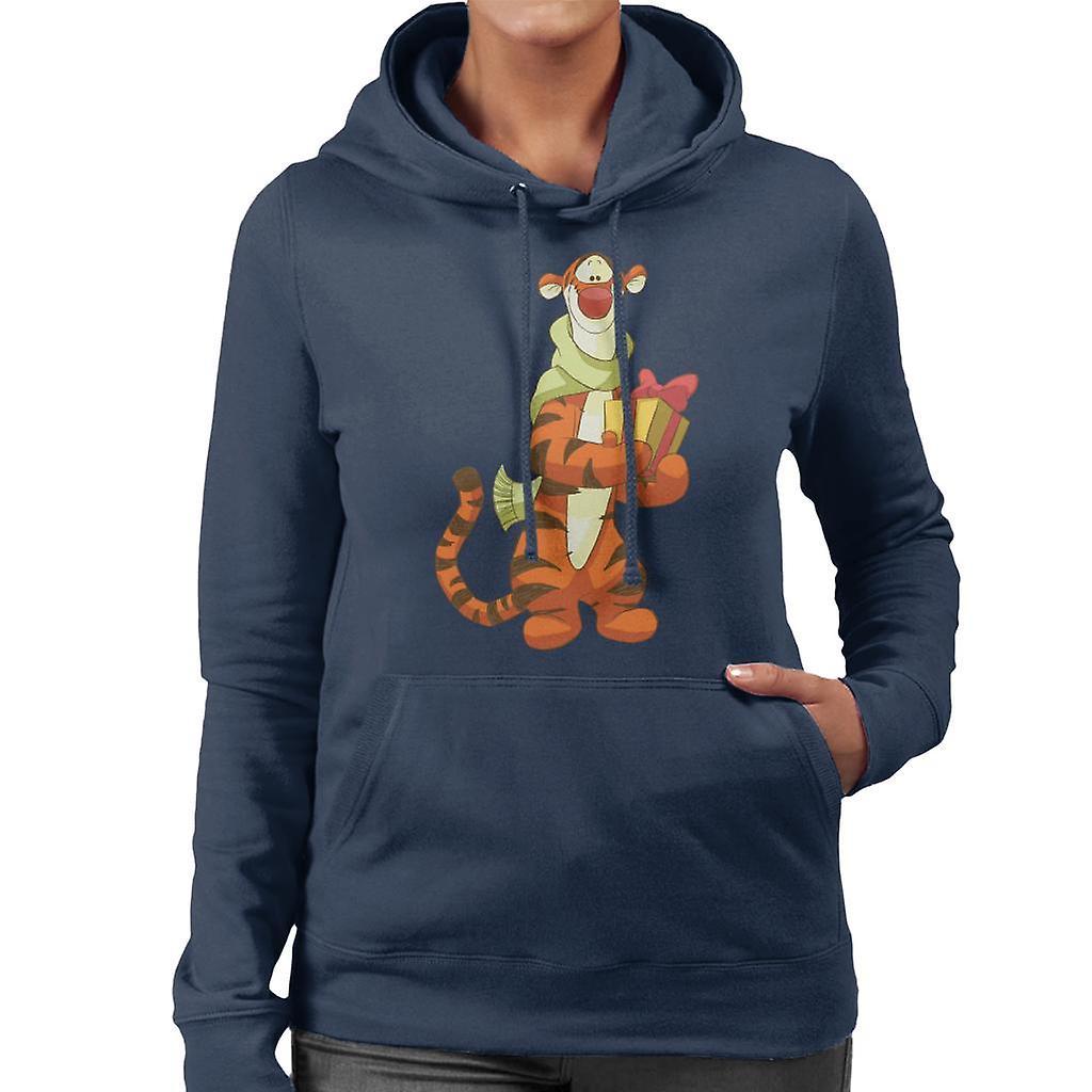 Disney Christmas Tigger Holding Present Women's Hooded Sweatshirt Navy Blue Medium