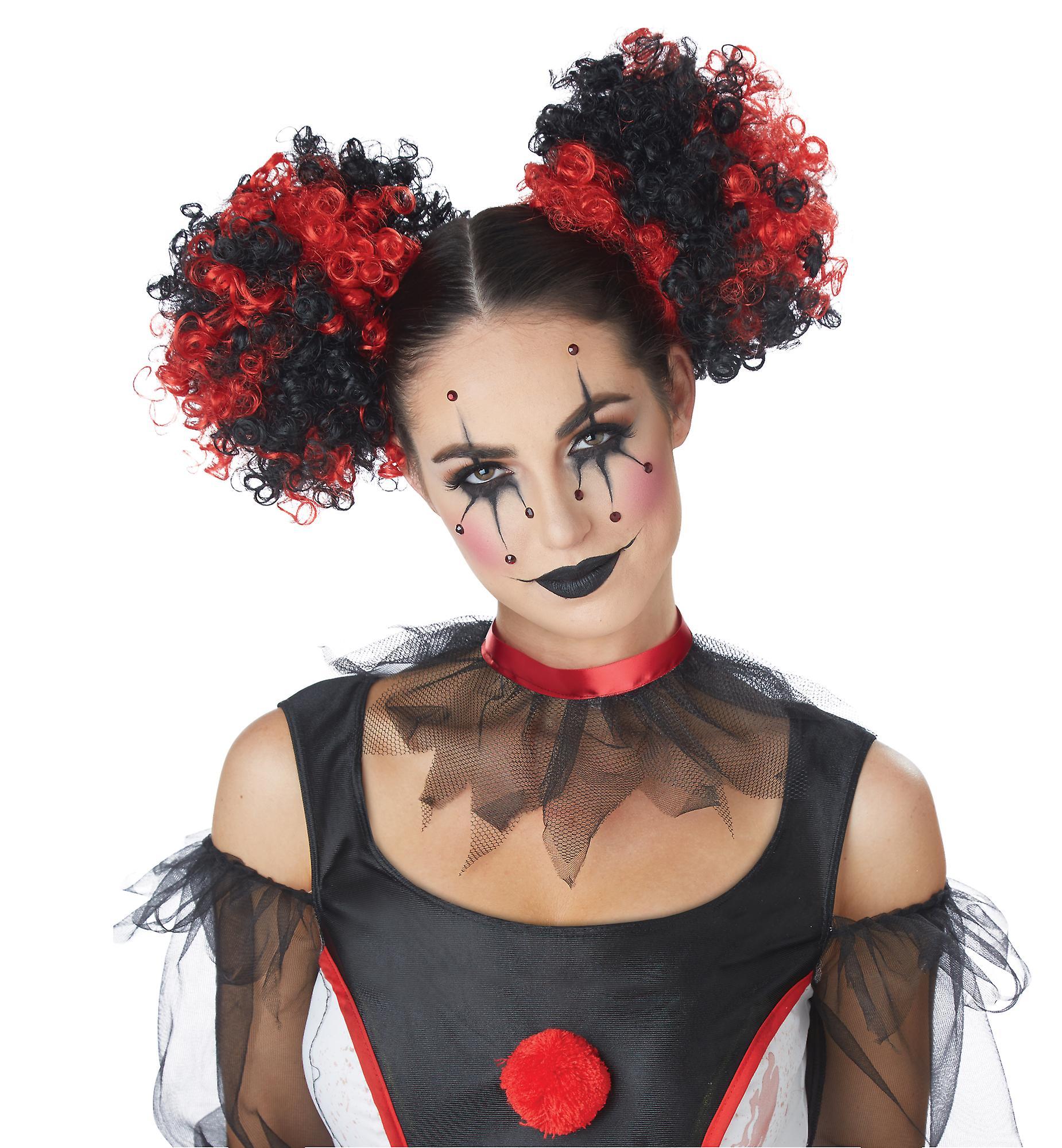 California Costume Collections Clown Evil Jester Joker Black Mardi Gras Womens Costume Tight Curly Puffs Wig Red One Size