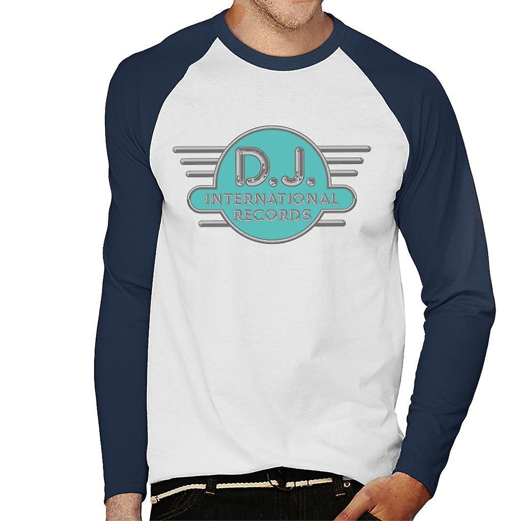 DJ International Records Cyan Logo Men's Baseball Long Sleeved T-Shirt White/Navy Medium