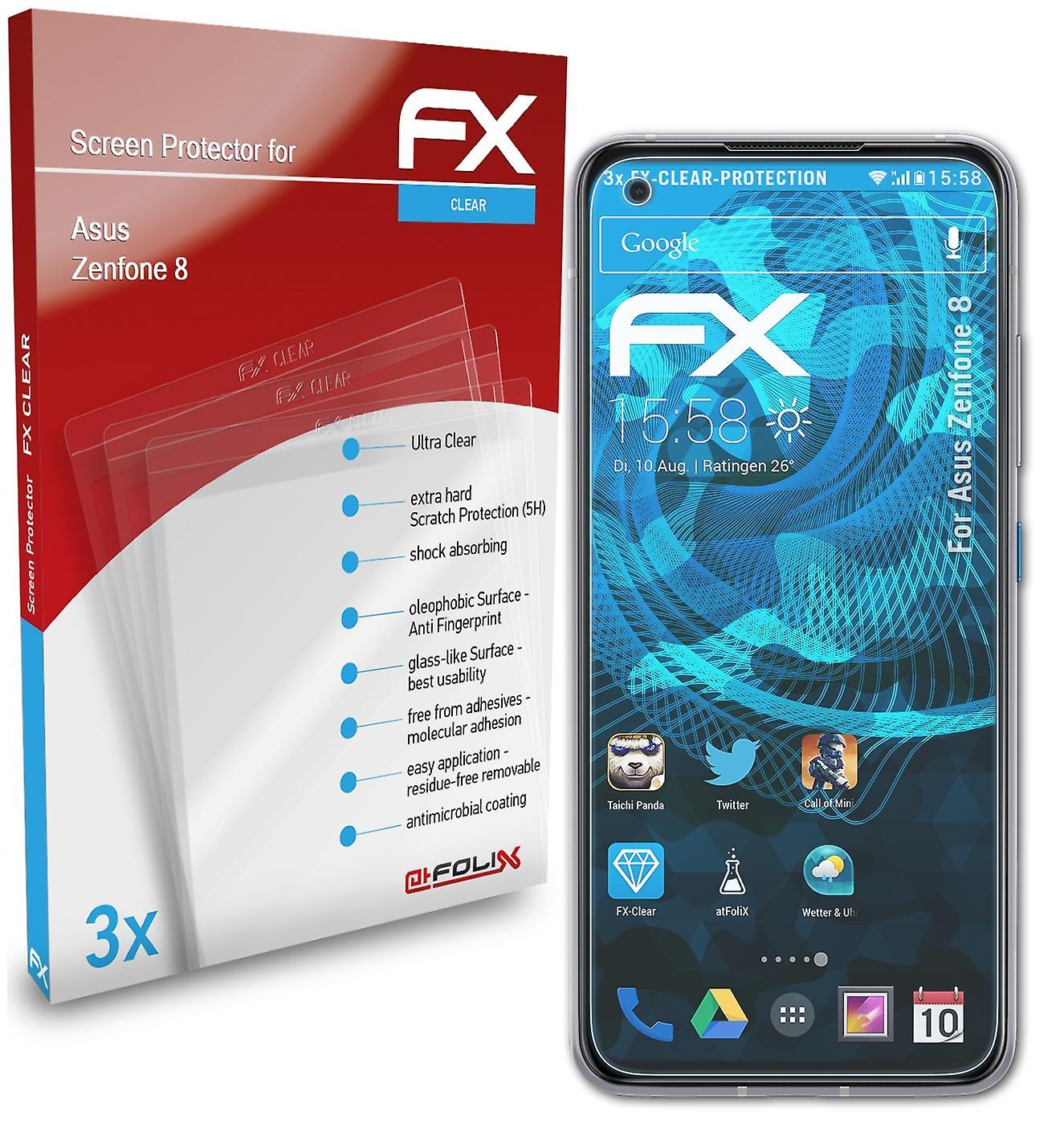 atFoliX 3x protective film compatible with Asus Zenfone 8 screen protector clear 01 FX-CLEAR