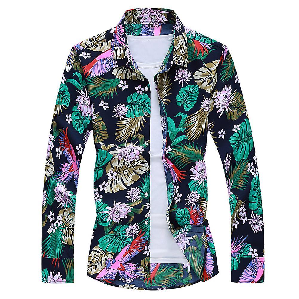 Allthemen Mens Casual Hawaii Beach Floral Lapel Long-Sleeve Shirt Green/Black/White L