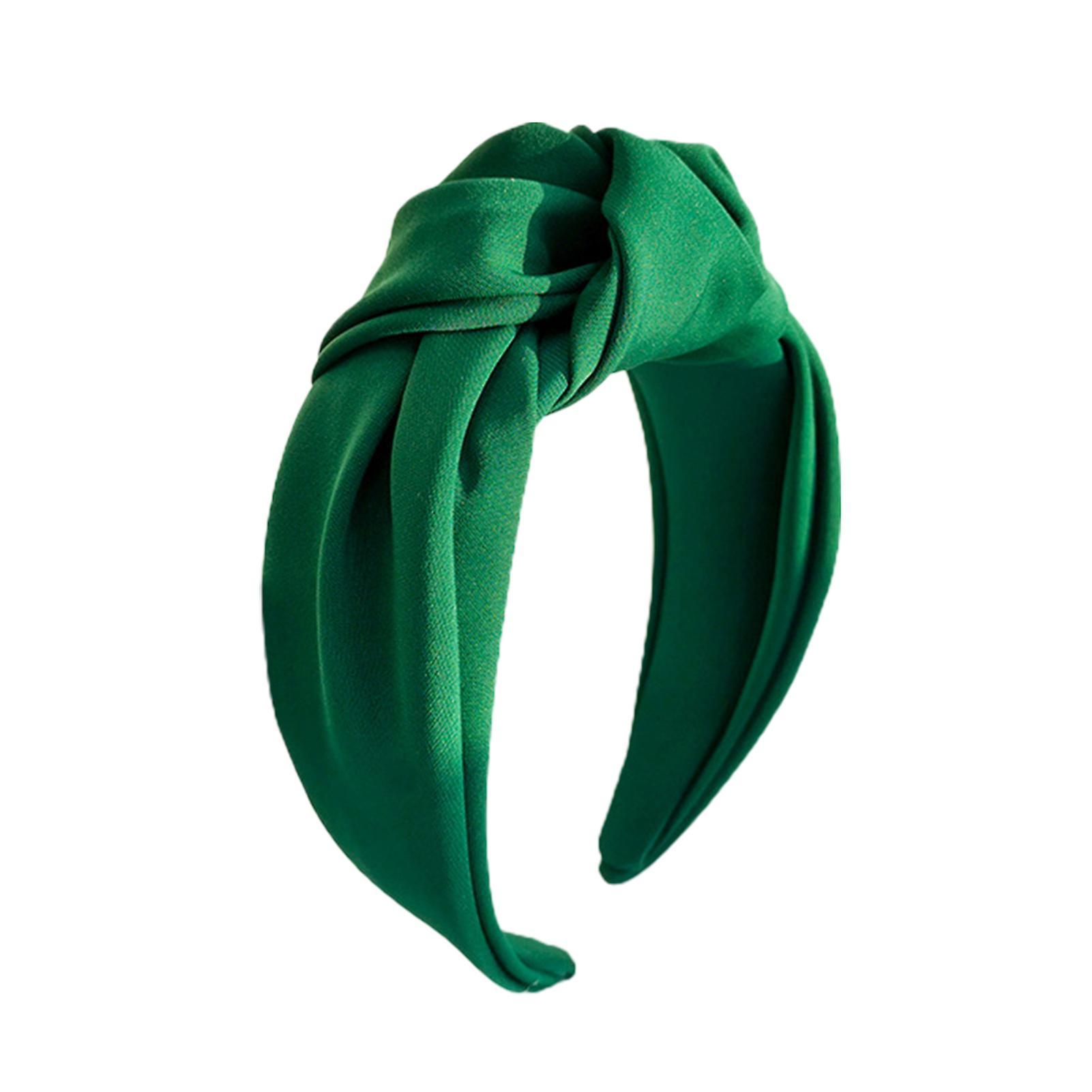 Tuelaly Women Headband Solid Color Knotted Sweet Wide Edge Fabric Wrap Hair Hoop Headwear Green