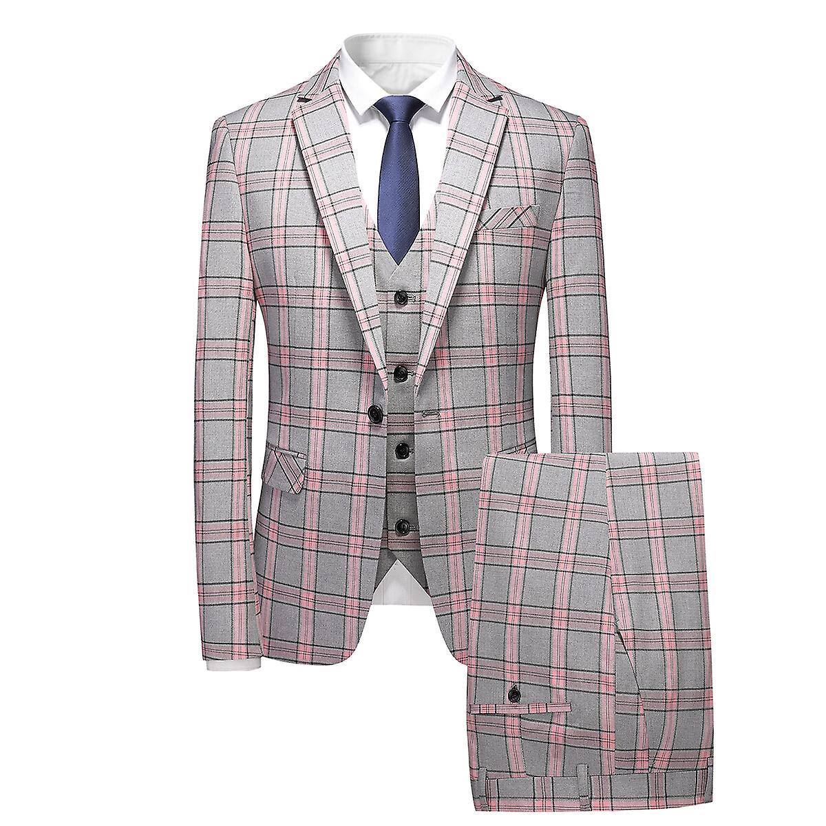 Allthemen Men's 3-Piece Suits Plaid Slim Fit One Button Wedding Prom Suit Pink M