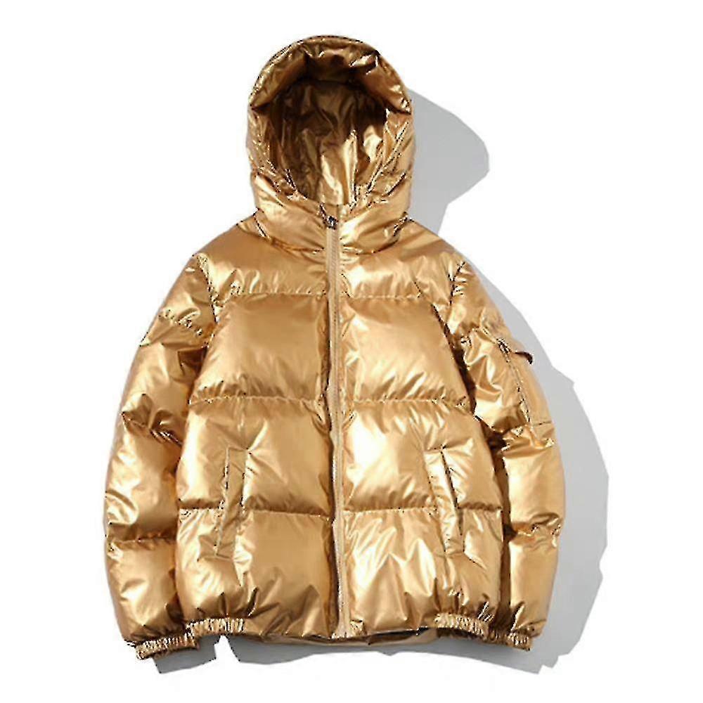 Elriven Mens Jackets Winter Warm Quilted Padded Hooded Coat Casual Outwear Gold M