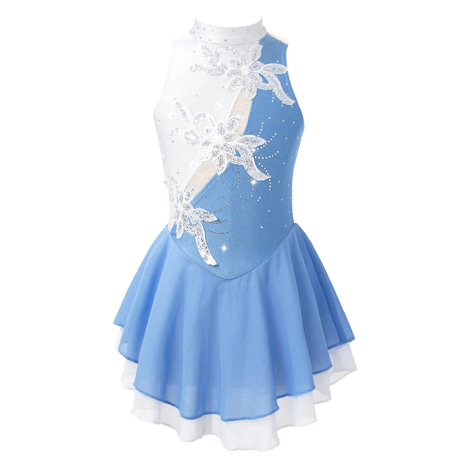 Aionyaaa Kids Girls Figure Skating Dress Sequins Floral Ballet Gymnastics Leotard Dress Dancewear For Dancing Competition Stage Costume 10 Light Blue