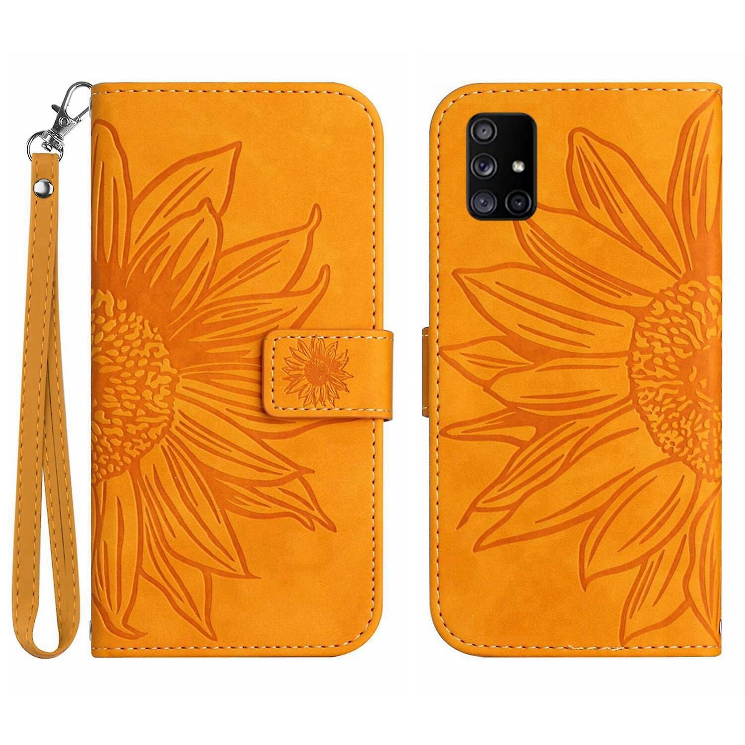 Foxdock FLOODKING Compatible With Samsung Galaxy A51 4G Embossed Sunflower Magnetic Card Holder Wallet Phone Case with Short Strap Yellow