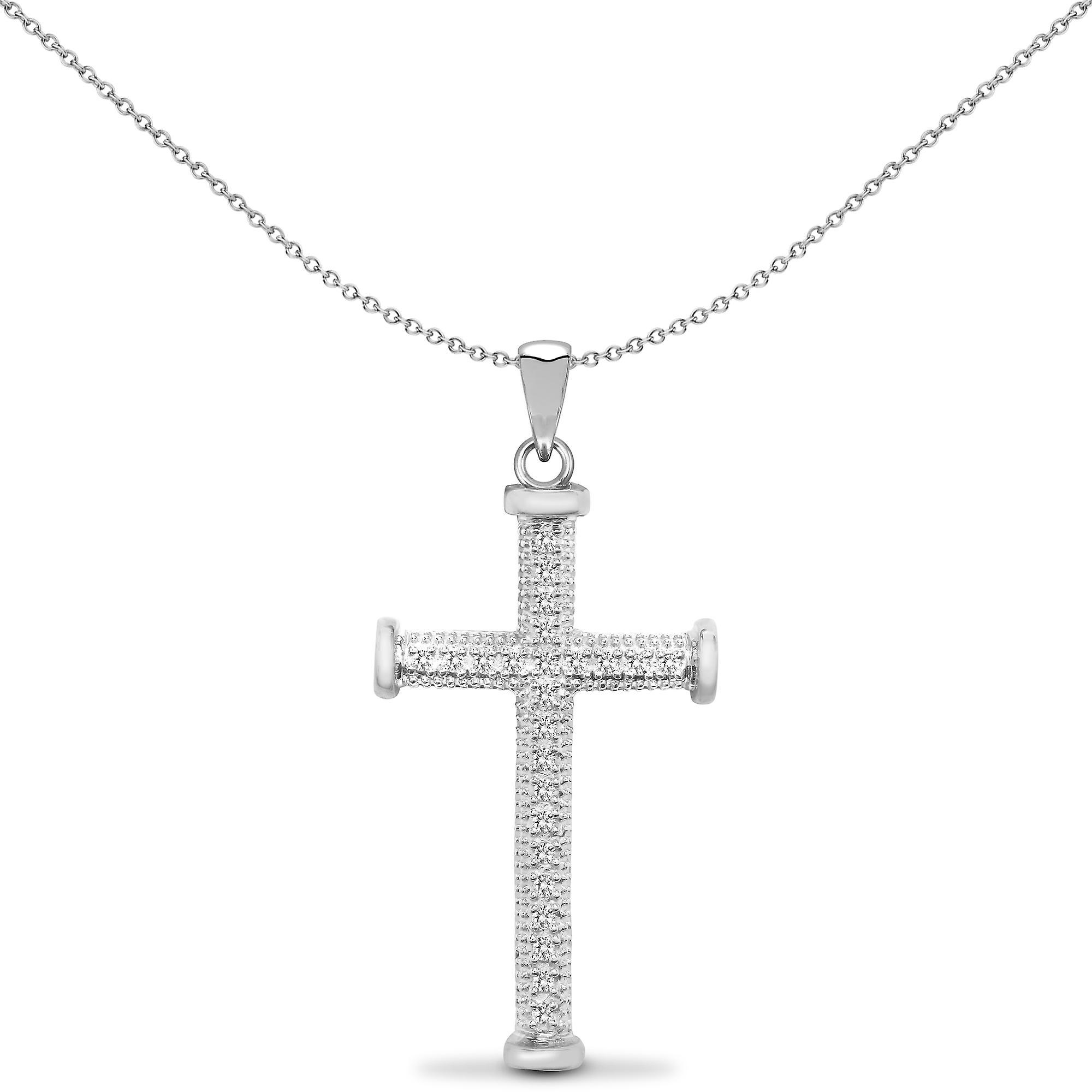 9ct White Gold 0.1ct Diamond Collared Cross Pendant - 9X083