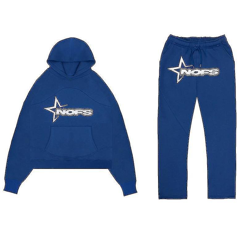 Sszfv Tracksuit Mens Y2k Loose Casual Jogging Suit Nofs Printed Streetwear Hoodie Sweatpants Set BLUE L