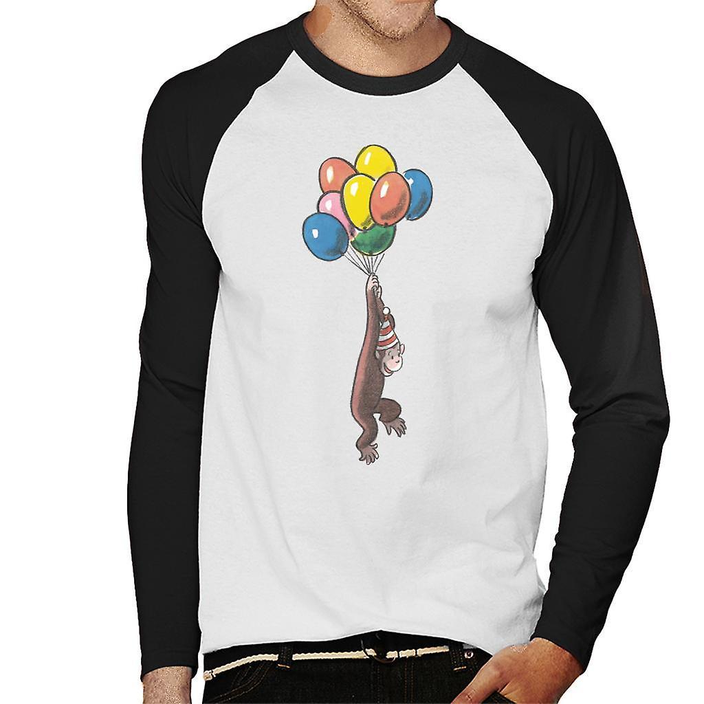 Curious George Balloon Flying Hat Men's Baseball Long Sleeved T-Shirt White/Black X-Large