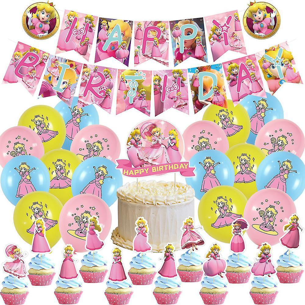 Mylight Princess Peach Birthday Party Decor And Supplies Set For Girls Include Happy Birthday Banner, Cake/cupcake Topper, Balloon