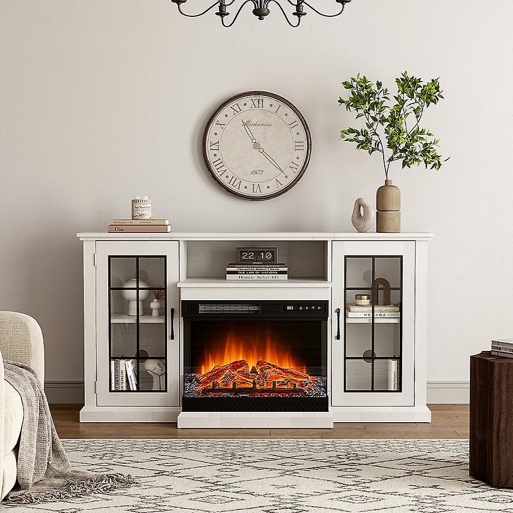 Living And Home 3-Sided Electric Fireplace TV Stand with Glass Door Closed Storage,White