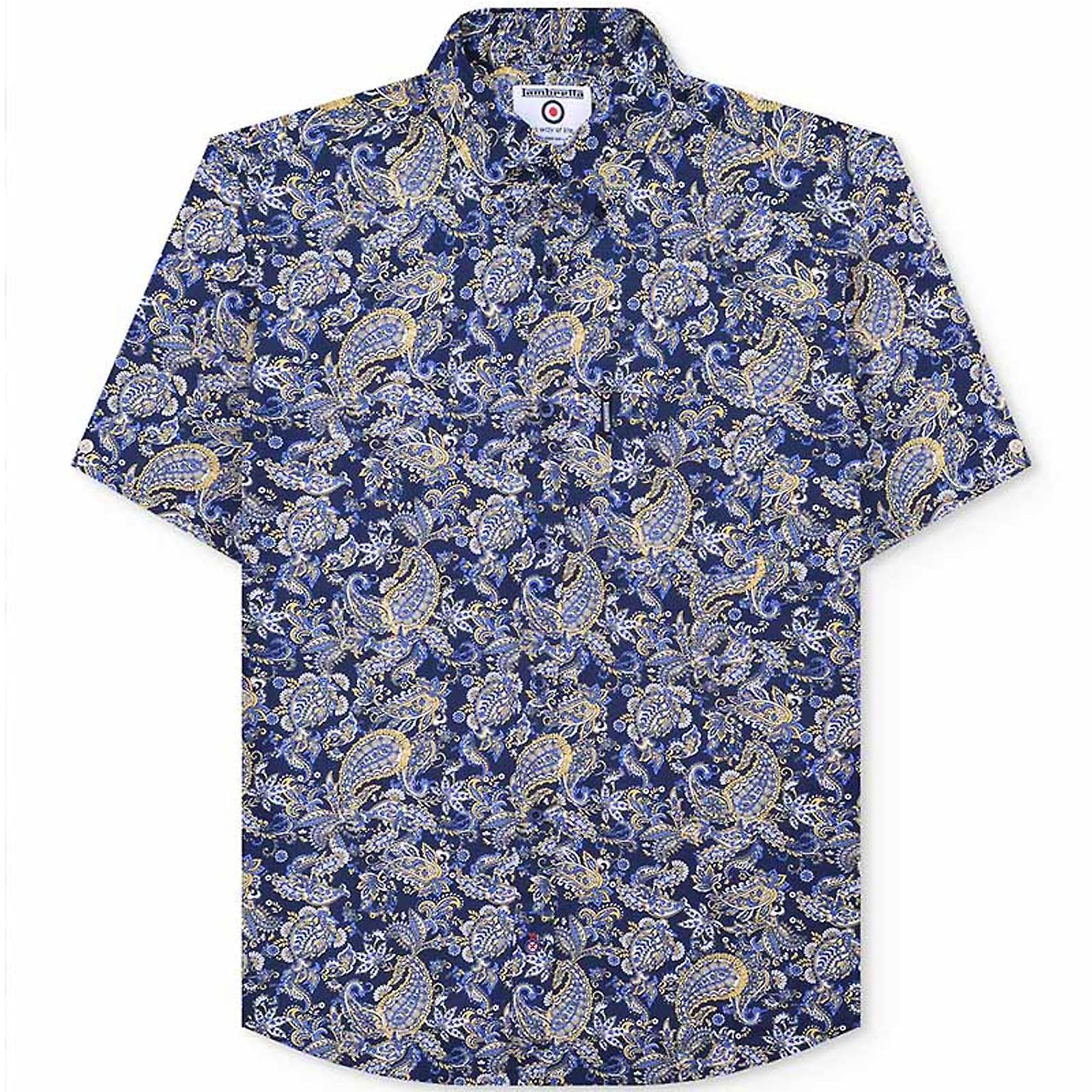 Lambretta Mens Mod Paisley Short Sleeve Button Down Shirt - Navy 2XL