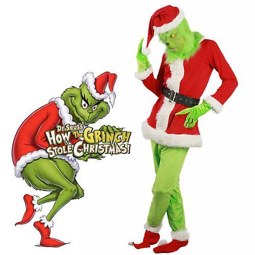 Kygm The Grinch Costume Halloween Cosplay Mens Christmas Santa Fancy Dress Outfit Set green/red Only one mask