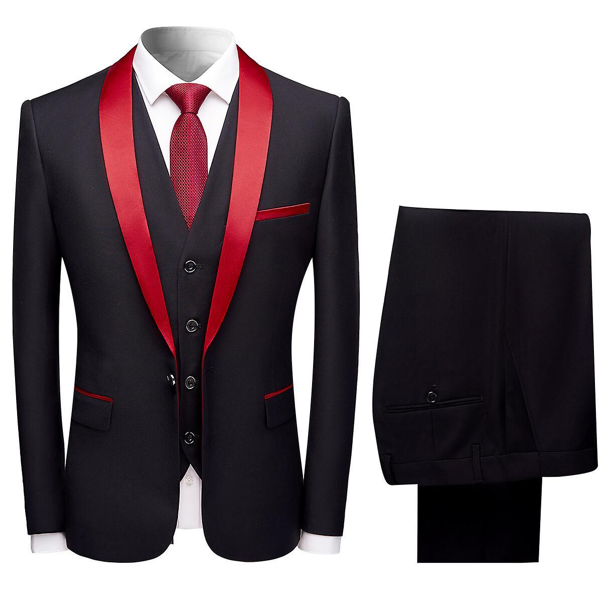 Allthemen Mens Wedding 3-Piece Suit Shawl Collar Slim Modern Suit(Blazer + Vest + Pants) Black and Red M