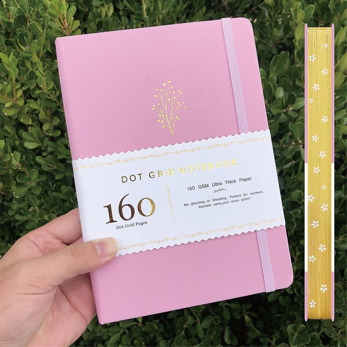 Eccpp A5 Bullet Dot Grid Bujo Dotted Journal Notebook Gold Edges 5*5mm Dots 160 Pages pink fabric cover 160GSM Bamboo Paper