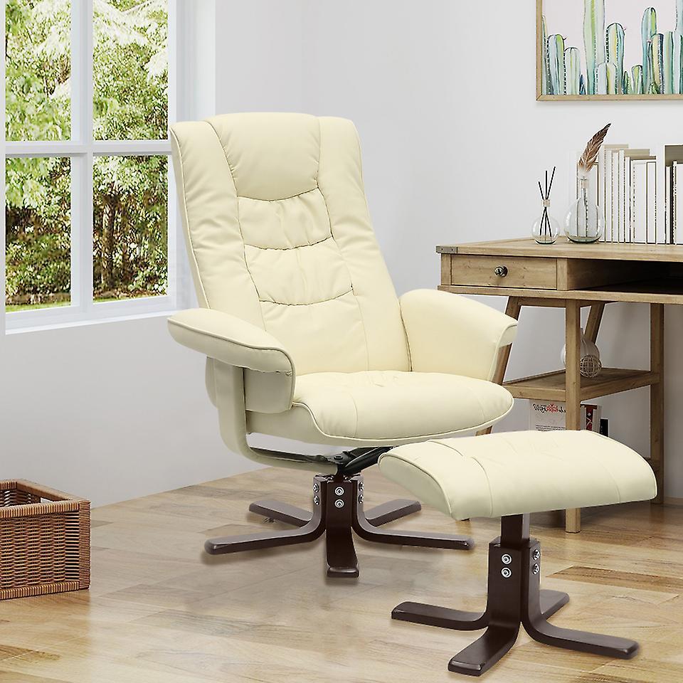 Living And Home PU Leather Swivel Reclining Office Armchair with Footstool Beige