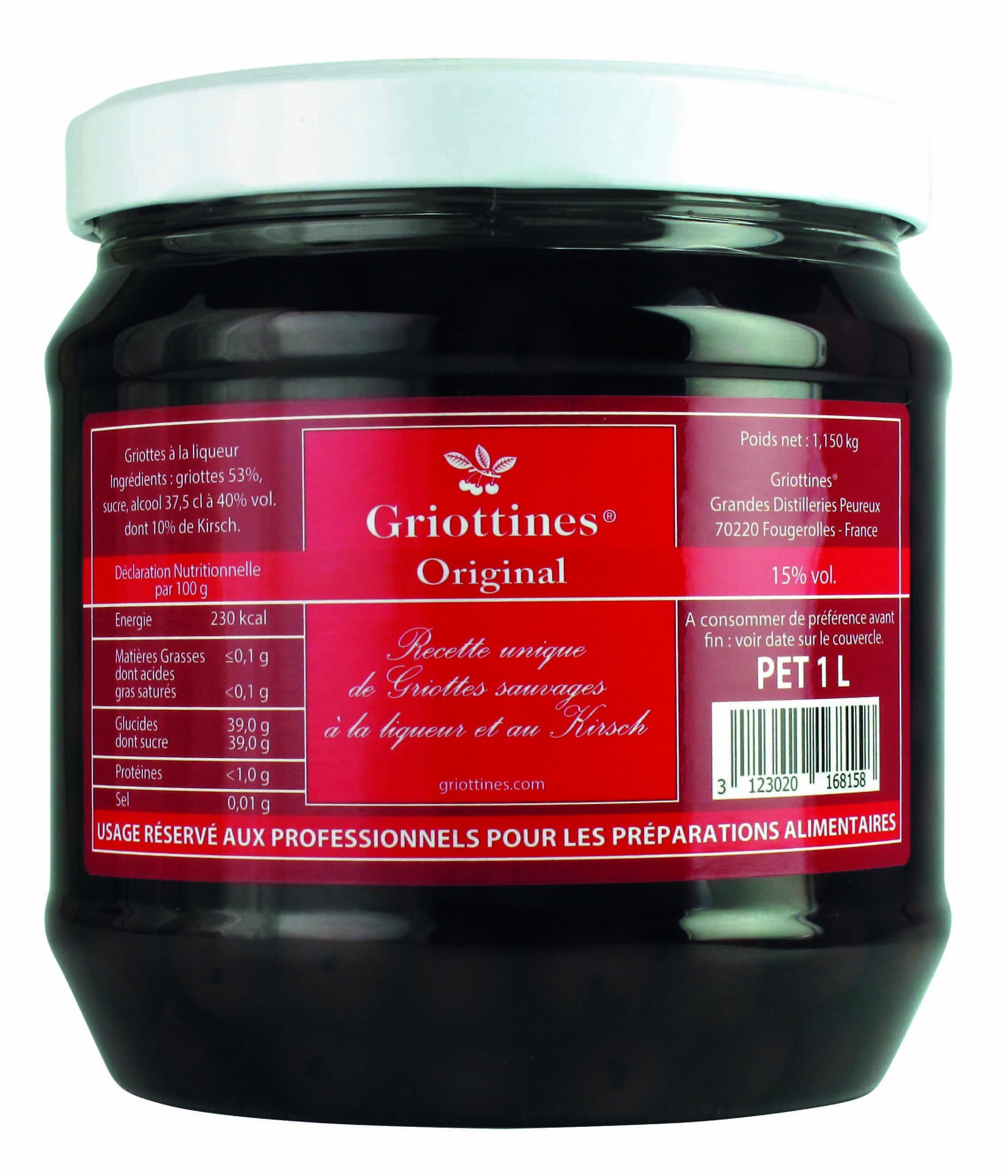 Grandes Distilleries Peureux Griottines Morello cherries in Kirsch liqueur (without stalks) - 1ltr