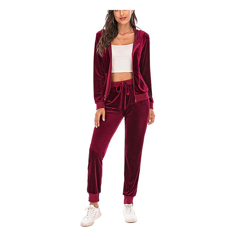 Waidfu Women's Casual Velour Tracksuit Two-piece Loungewear Set Pullover Sweatpants wine red XL