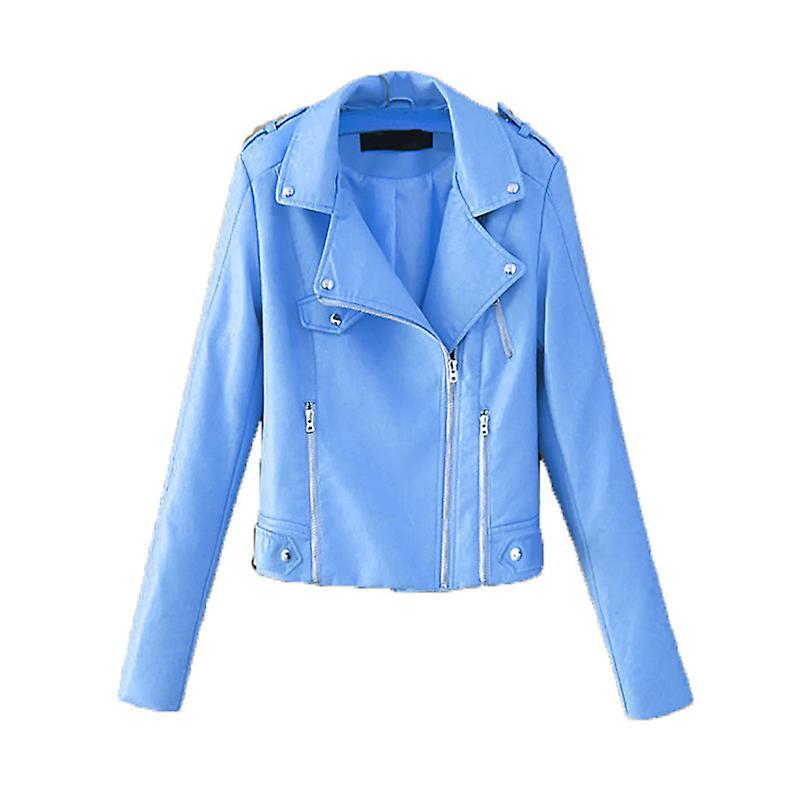 fulaide Lapel Long Sleeves Zipper Pocket Women Jacket Fall Winter Solid Color Faux Leather Motorcycle Jacket Coat Streetwear Blue M