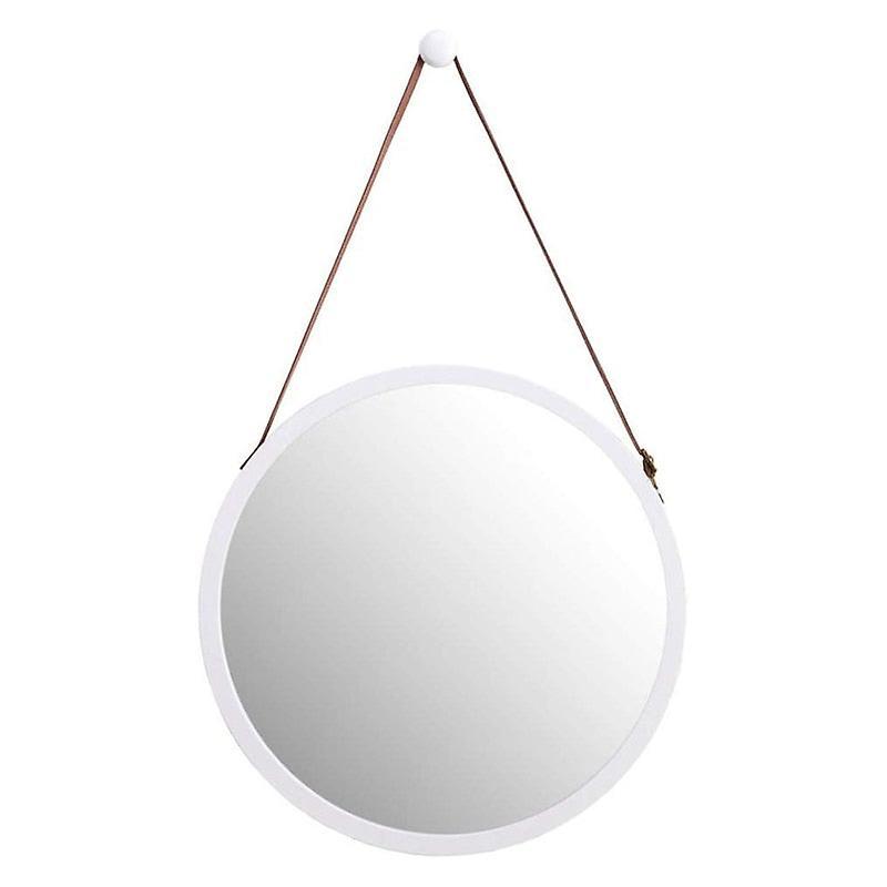 Slowmoose Hanging Round Wall Mirror- Solid Bamboo Frame & Adjustable Leather White