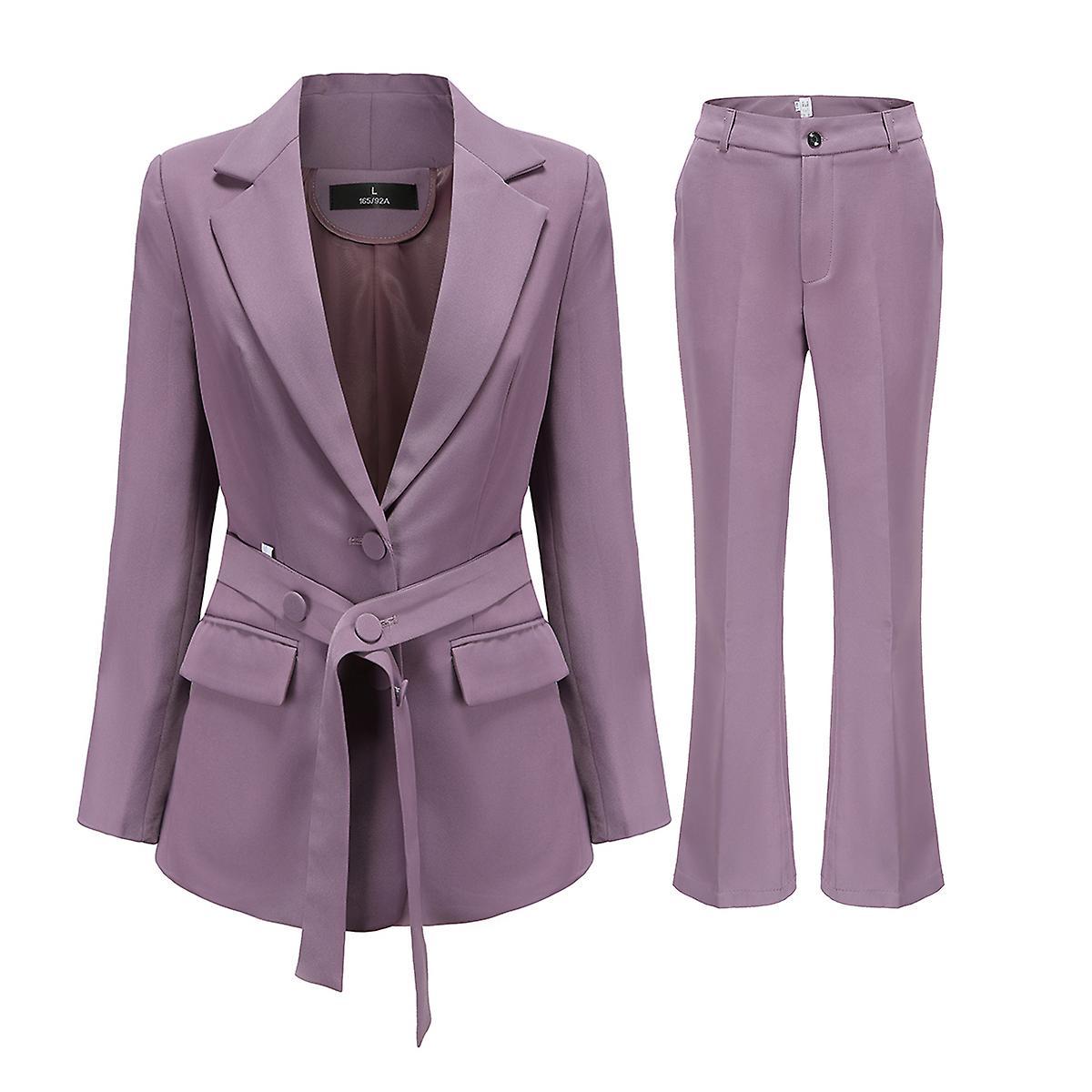 Yynuda Womens 2-piece Elegant Office Work Dress Slim Belt Solid Color Business Suit (blazer+pants) Purple M