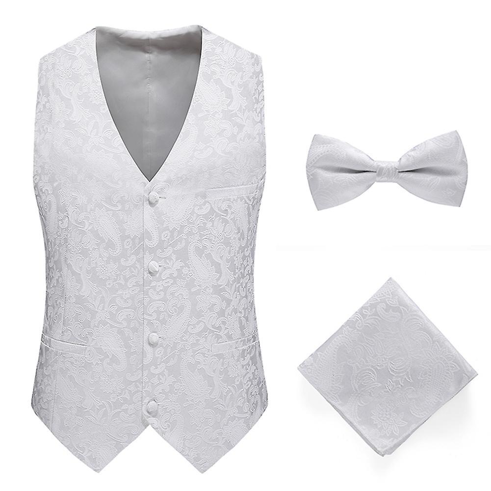 Yunclos Mens Formal Wedding Paisley Waistcoat Bow Tie Set Jacquard Woven Suit Vest White M