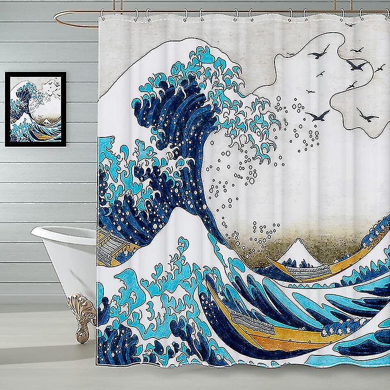 Phwj Kanagawa Japanese Wave Shower Curtain 180 X 180 Cm Bath Curtain Polyester Fabric Mildew Proof Waterproof Washable Bathroom Curtain With 12 Hoo...