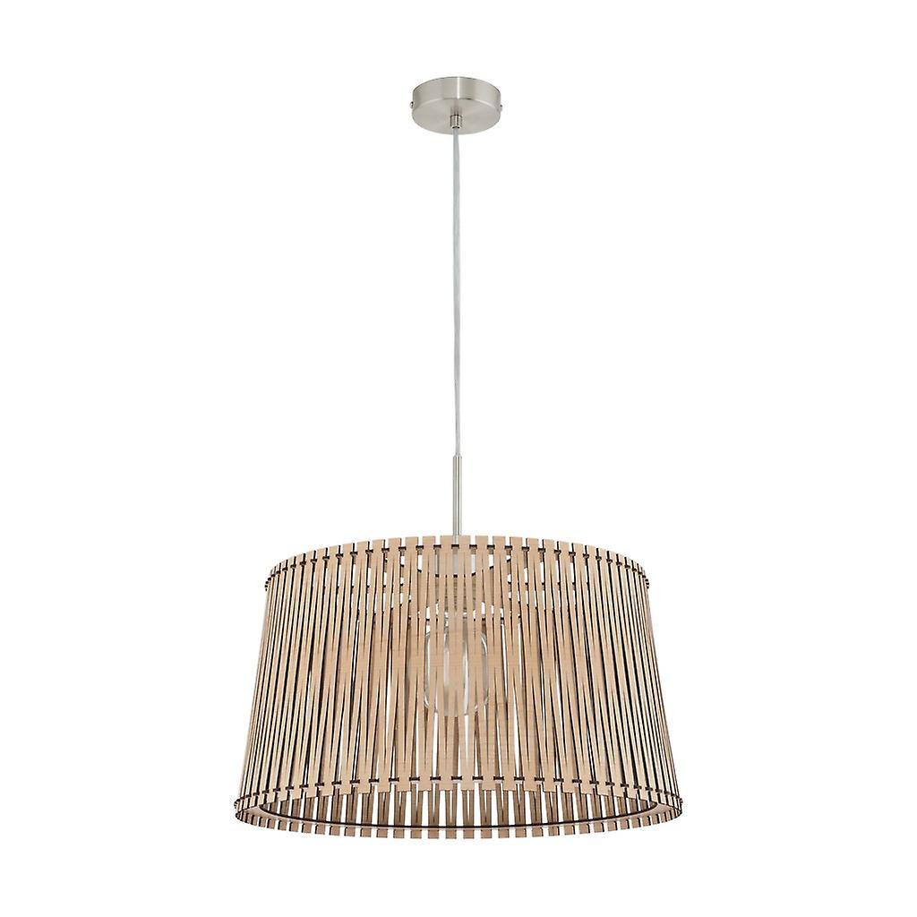 Eglo Lighting Sendero 1 Light Ceiling Pendant Satin Nickel with Maple Wood Shade, E27