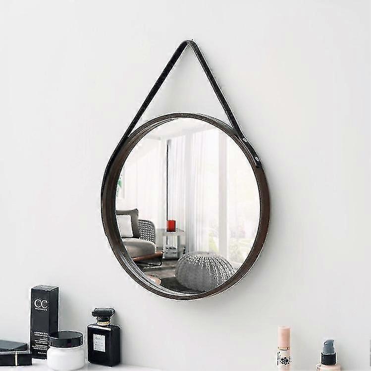 Pbb Pu Leather Round Wall Mirror Decorative Hanging Mirror With Strap Makeup Mirror Vanity Mirror For Bathroom Living Room (dark Brown)[PB]