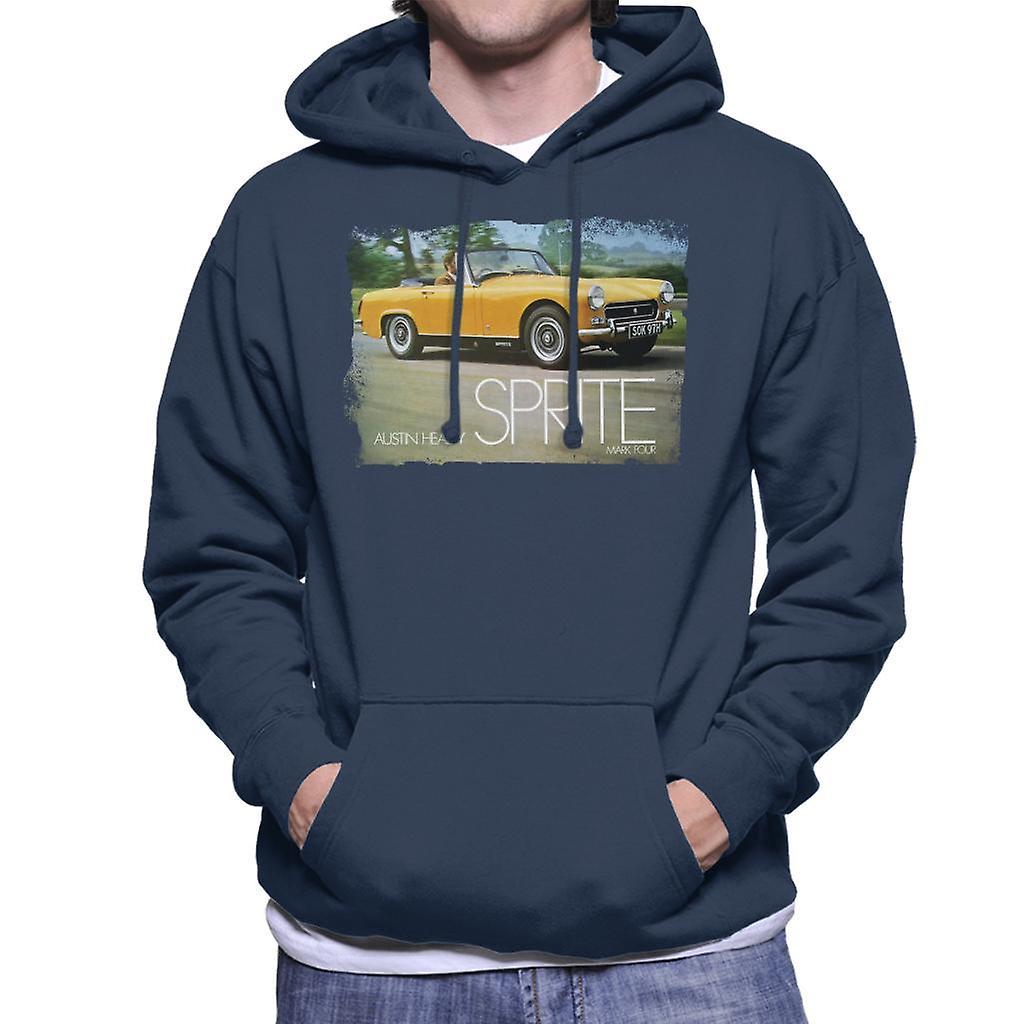 Austin Healey Sprite Mark IV Yellow British Motor Heritage Men's Hooded Sweatshirt Navy Blue Small