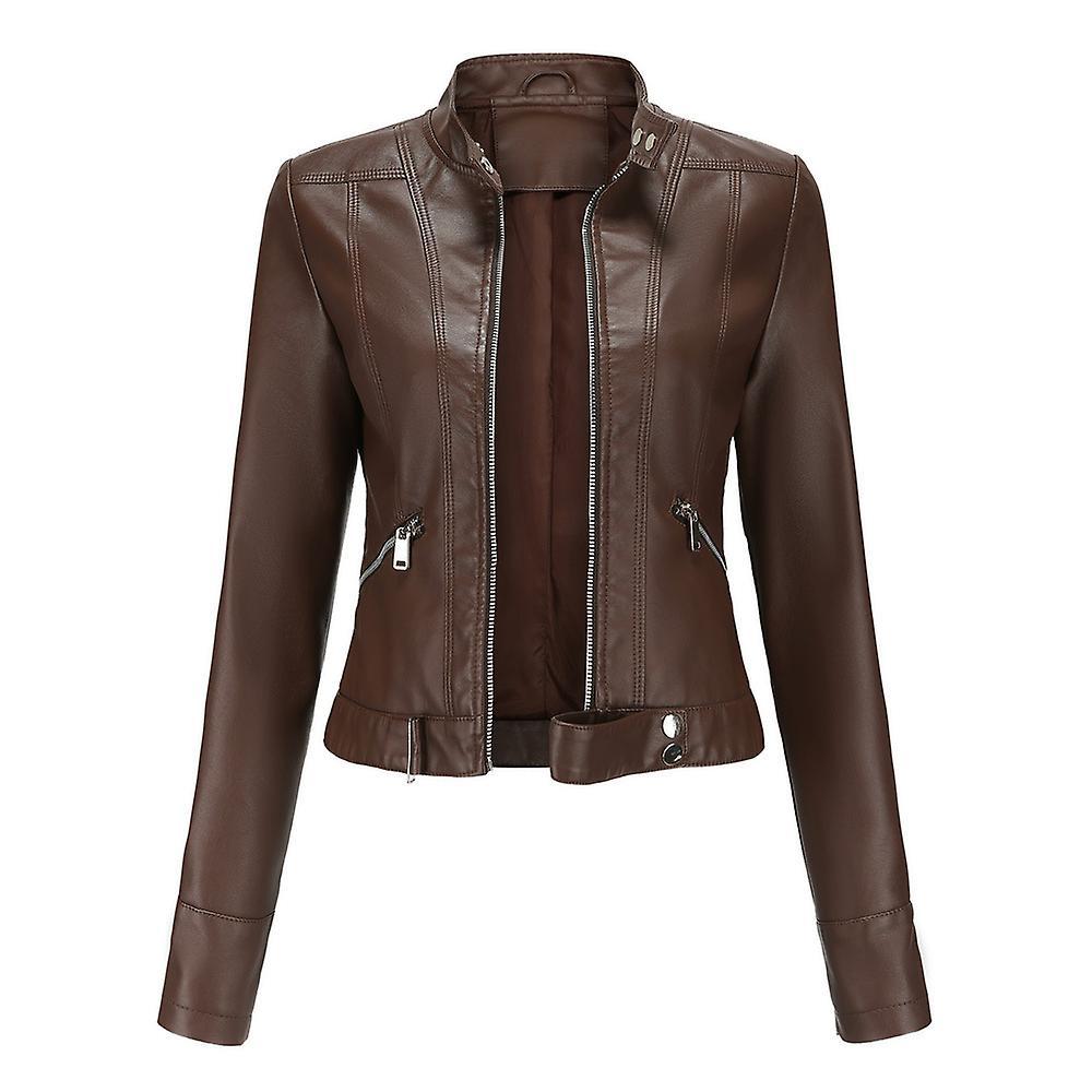 Boeyaa Women's Short Leather Jacket Spring Autumn Standing Collar Women's Leather Jacket L