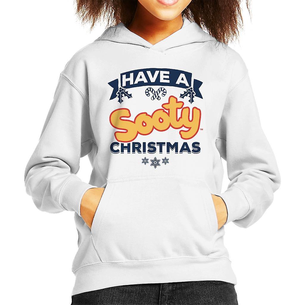 Sooty Christmas Have A Sooty Christmas Blue Banner Design Kid's Hooded Sweatshirt White Small (5-6 yrs)