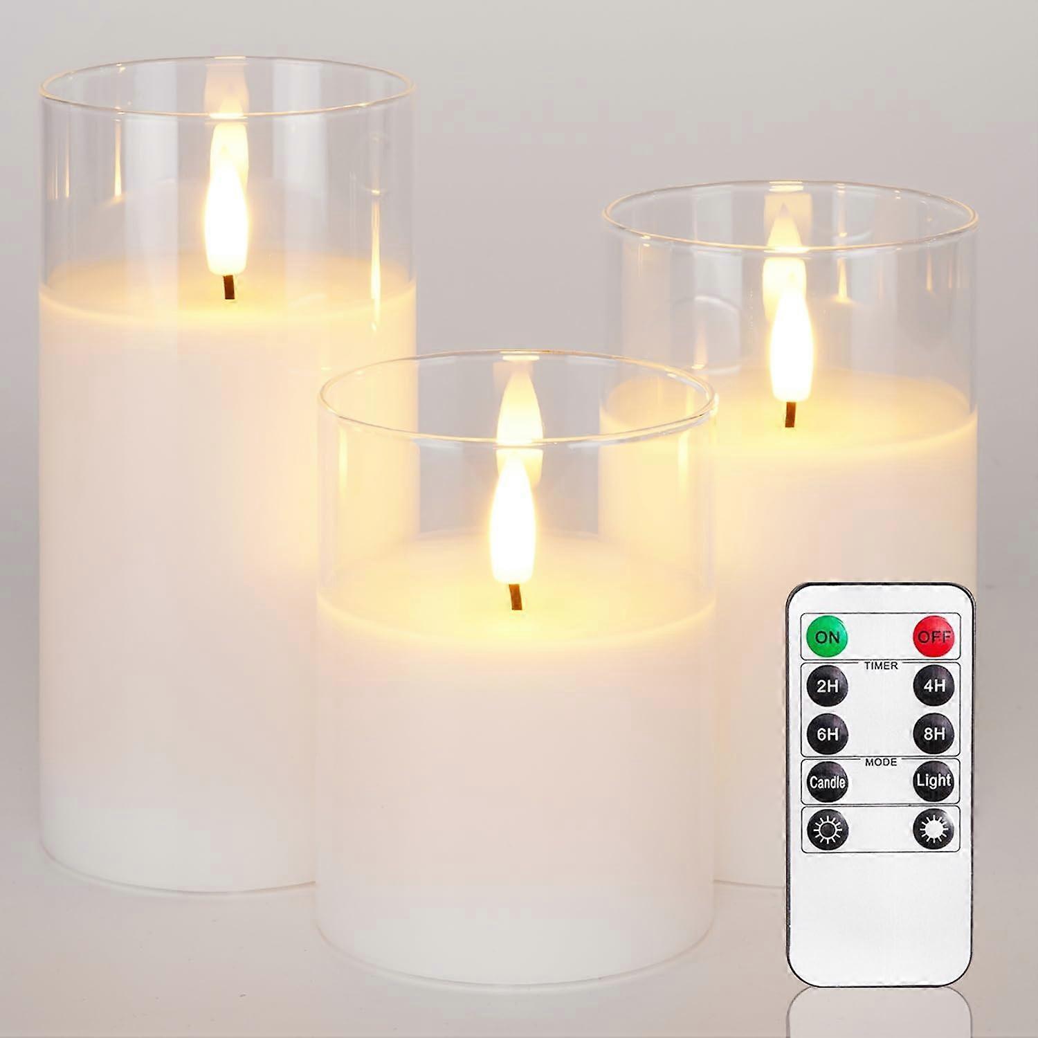 Ergocar 3pcs Clear Glass Flameless Candles, Pure White Wax Battery Operated Candles, LED Pillar Candles with Remote Control