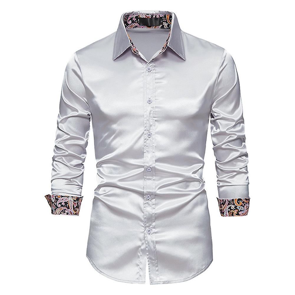 Allthemen Mens Business Shinny Farbic Slim Long-sleeved Shirt Gray M