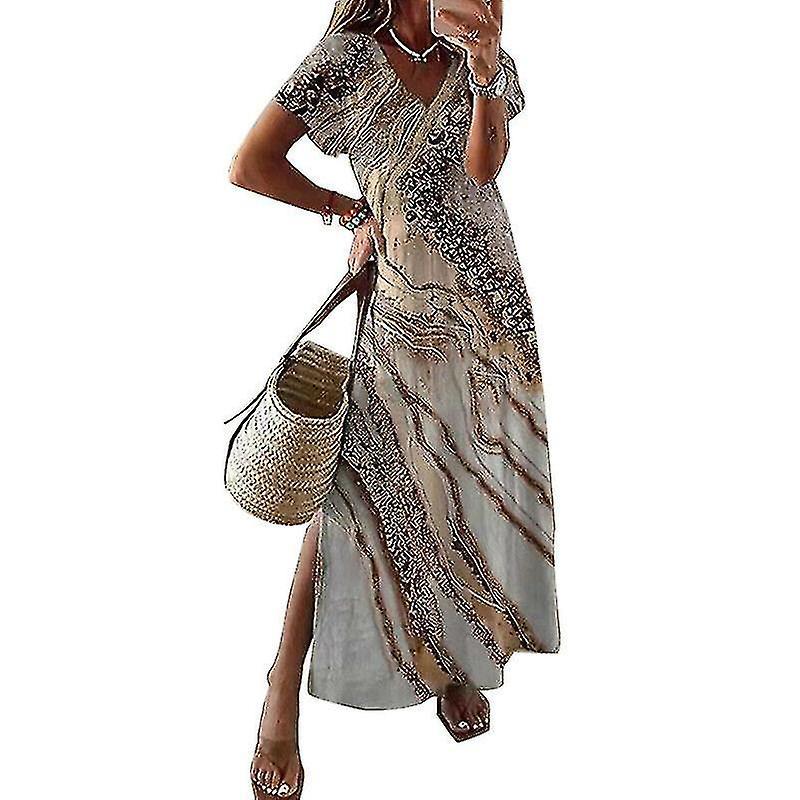 Yxuo Lady Dress Boho Floral Dress Womens Boho Floral Loose Long Sundress Summer Casual Kaftan Maxi Dress Multi-color Optional khaki S