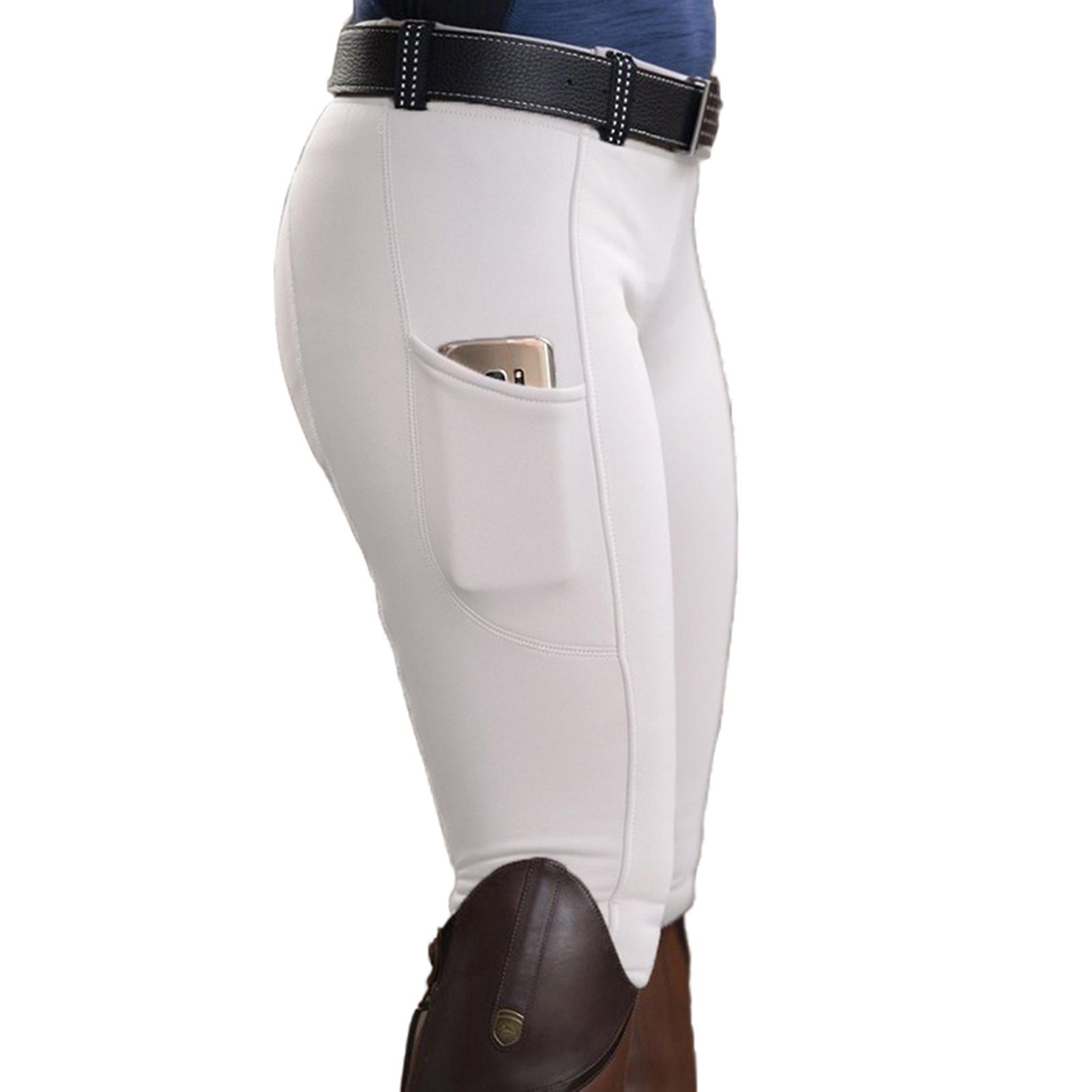 Fianao Women Solid Color Pocket Hip Lift Elastic Equestrian Pants Horse Racing Trousers White S