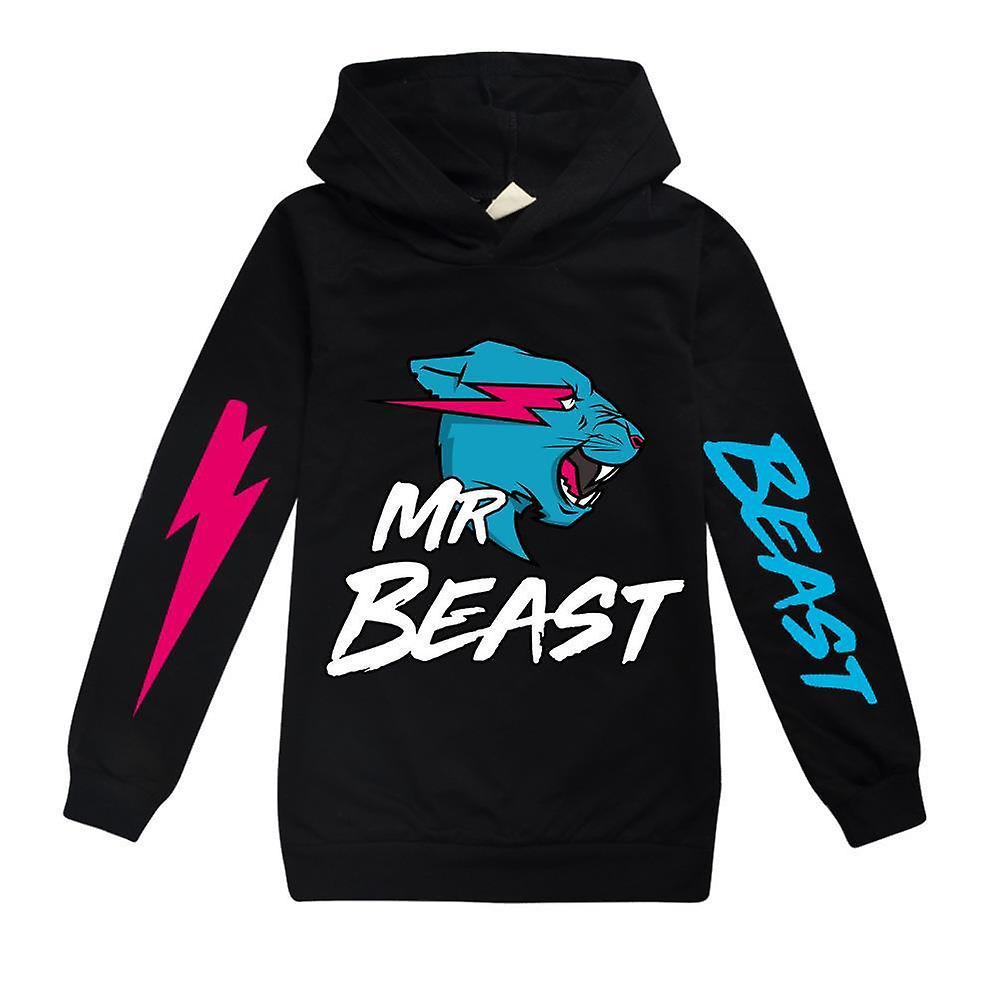 Bestdaily Mr Beast Lightning Cat Kids Casual Hoodie Long Sleeve Hooded Sweatshirt Boys Girls Cartoon Jumper Tops Pullover Gifts Black 11-12 Years