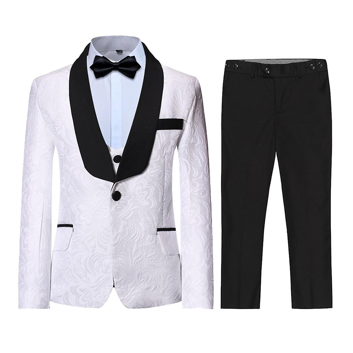 Sliktaa Boys 3Pce Suit Shawl Collar Print Blazer Wedding Party Dinner Tuxedo White 150CM